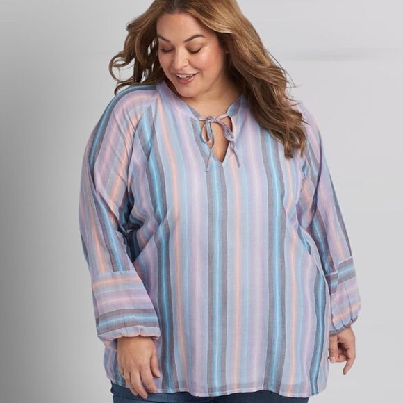 Lane Bryant Tops - Lane Bryant Pastel Multi Striped Tie-neck Cotton Peasant Blouse Size 14